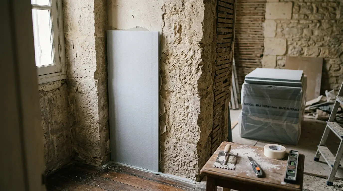 Installation d'un panneau d'aerogel isolation dans un appartement historique, mettant en valeur la rénovation et l'espace limité.