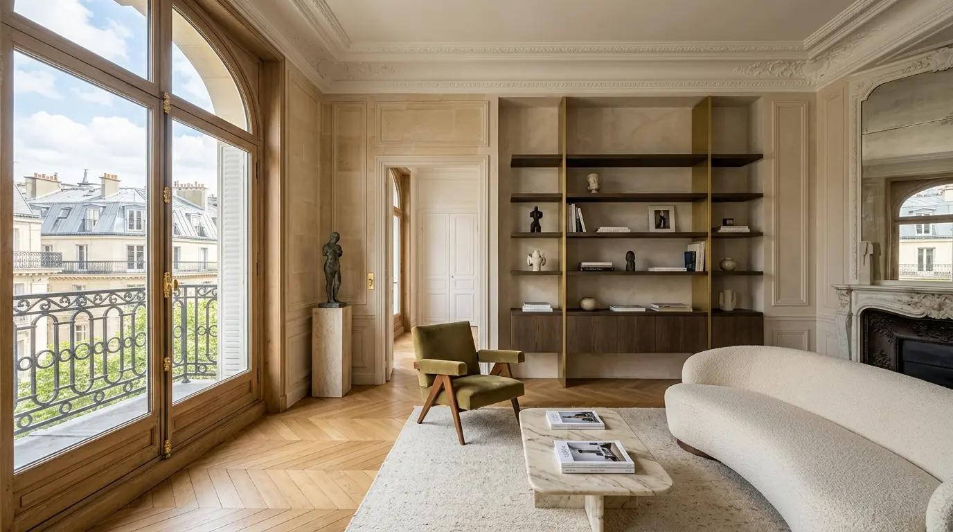 Intérieur élégant d'un appartement parisien, alliant architecture de collection et design moderne, lumière naturelle abondante.