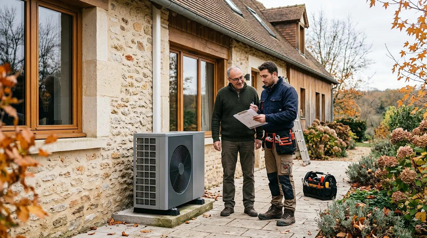 Couverture d'article sur arkteos, montrant une maison française moderne avec un installateur vérifiant une pompe à chaleur.
