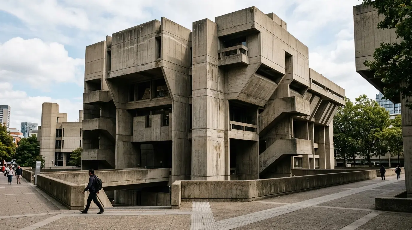 Scène de brutal architecture avec un bâtiment en béton brut, lignes angulaires et textures vieillies sous une lumière naturelle.