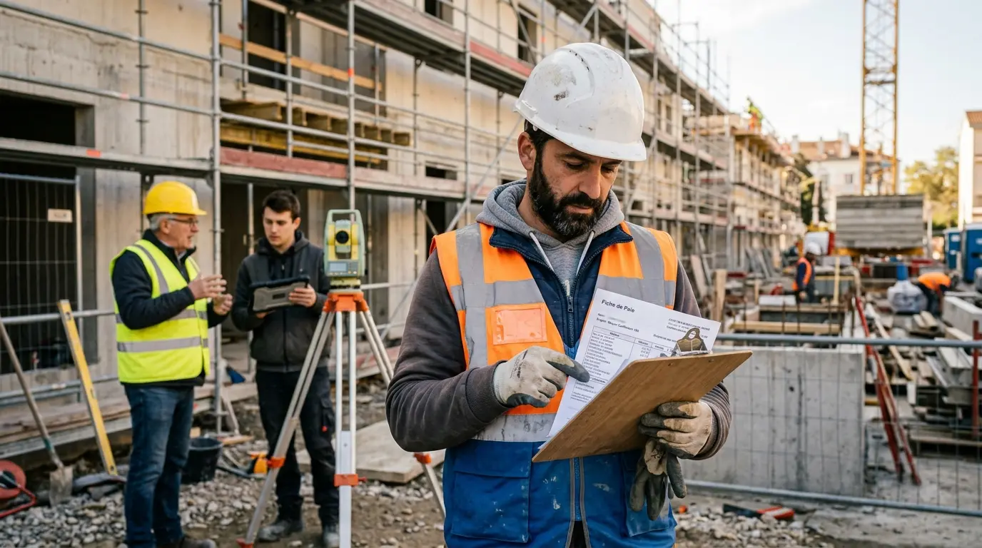 Travailleur du BTP vérifiant un bulletin de salaire et un contrat, avec des éléments de chantier en arrière-plan, évoquant la convention collective.