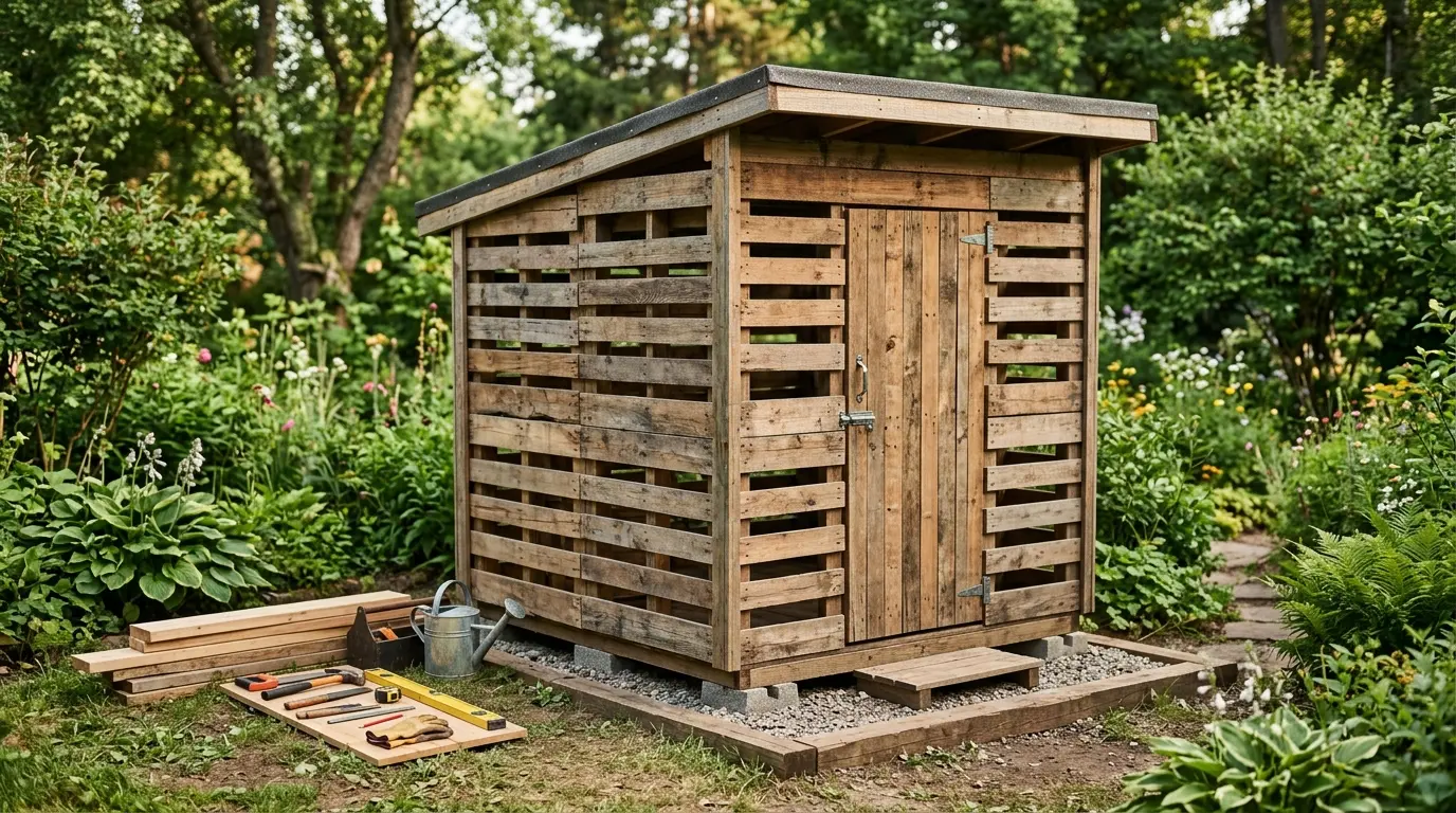 Cabane de jardin en palette en bois, avec toit monopente et ambiance atelier, dans un jardin naturel et ensoleillé.