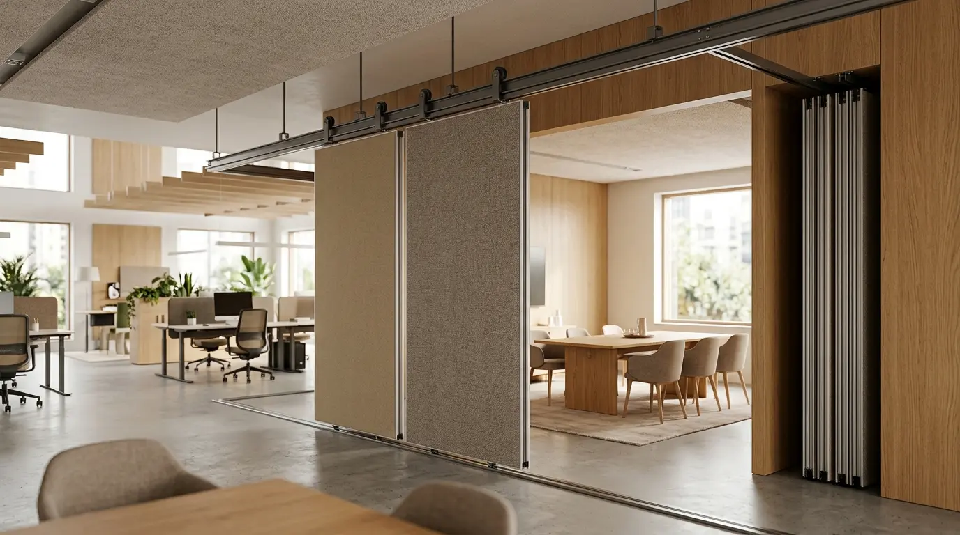 Cloison mobile sur rail dans un bureau moderne, panneaux suspendus partiellement ouverts, espace de travail lumineux et flexible.