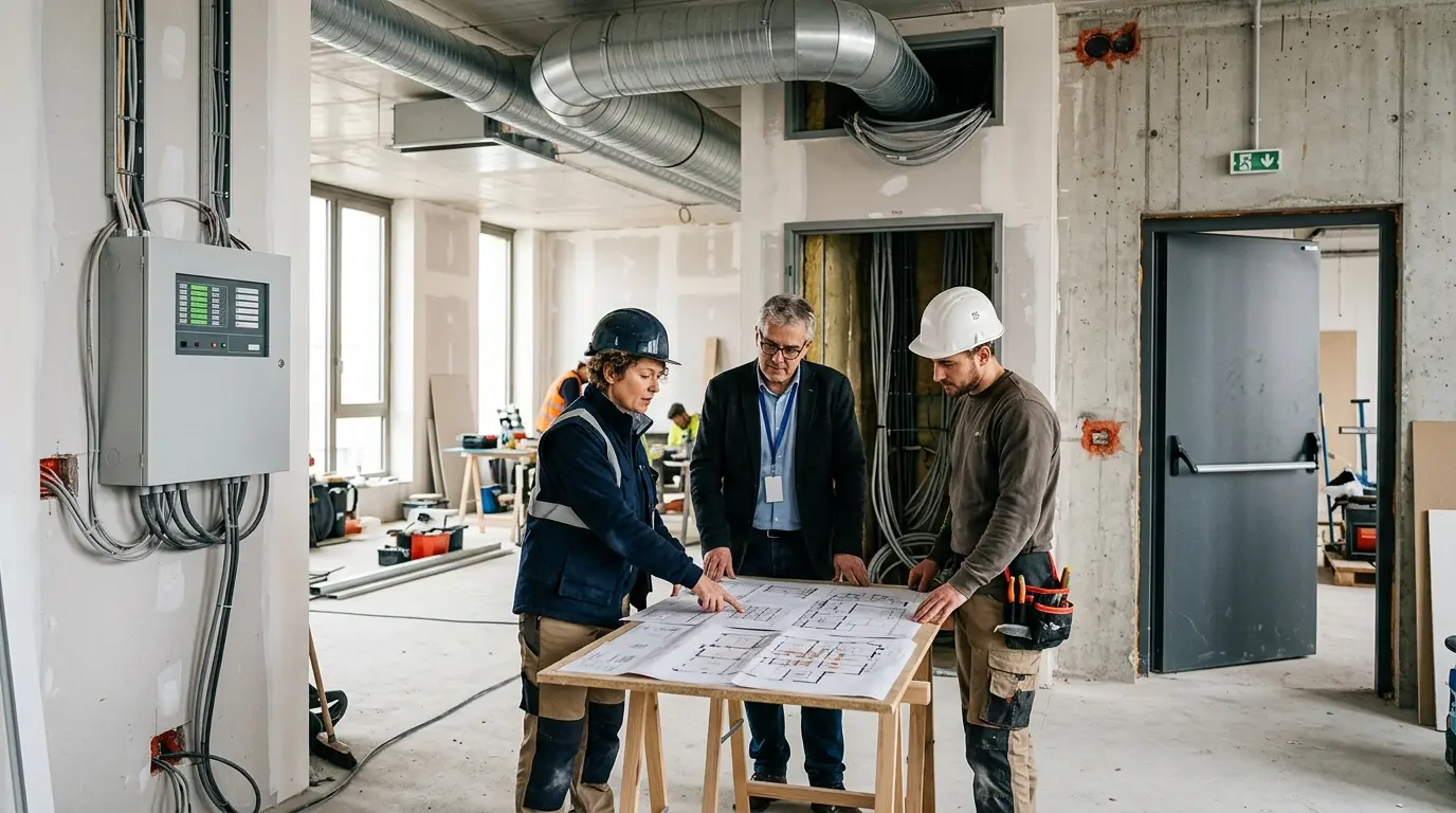 Coordinateur ssi examinant des plans avec un architecte et un électricien sur un chantier de construction moderne.
