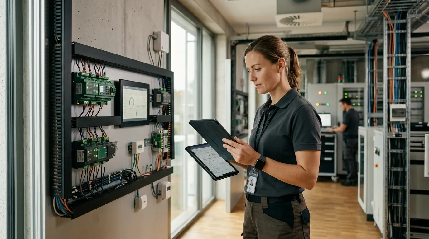 Contrôle de bâtiment moderne avec distech controls, technicien examinant un système de gestion HVAC dans un environnement professionnel.
