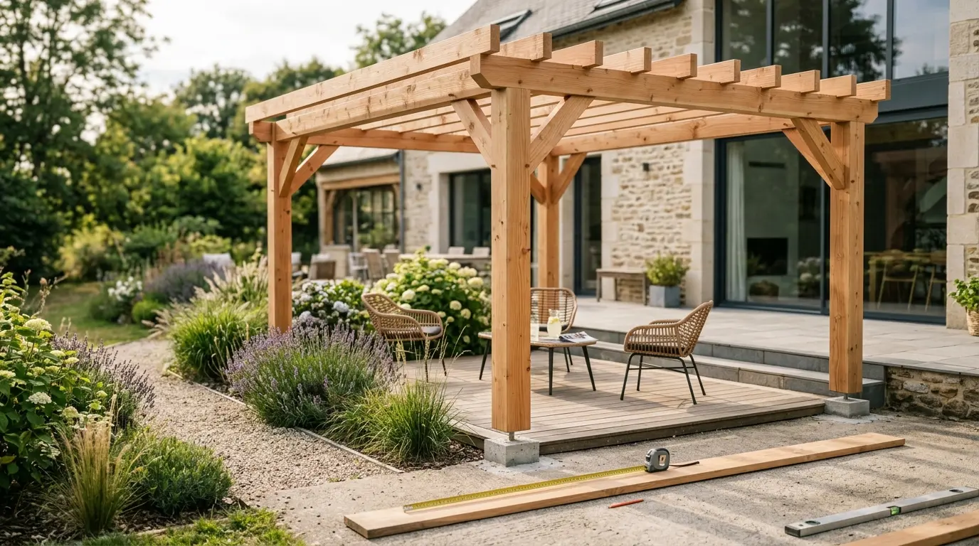Couverture d'article sur comment fabriquer une pergola en bois dans un jardin moderne, avec une structure élégante et des outils.