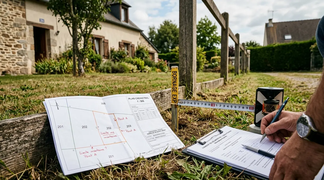 Espace de travail d'un geofoncier expert avec matériel de mesure et carte cadastrale près d'une limite de propriété.