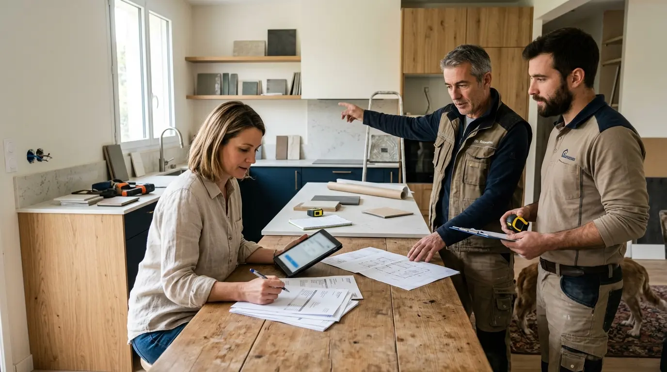 Renovation d'une maison avec un propriétaire et des artisans discutant de devis, ambiance chaleureuse et professionnelle, hello artisan.