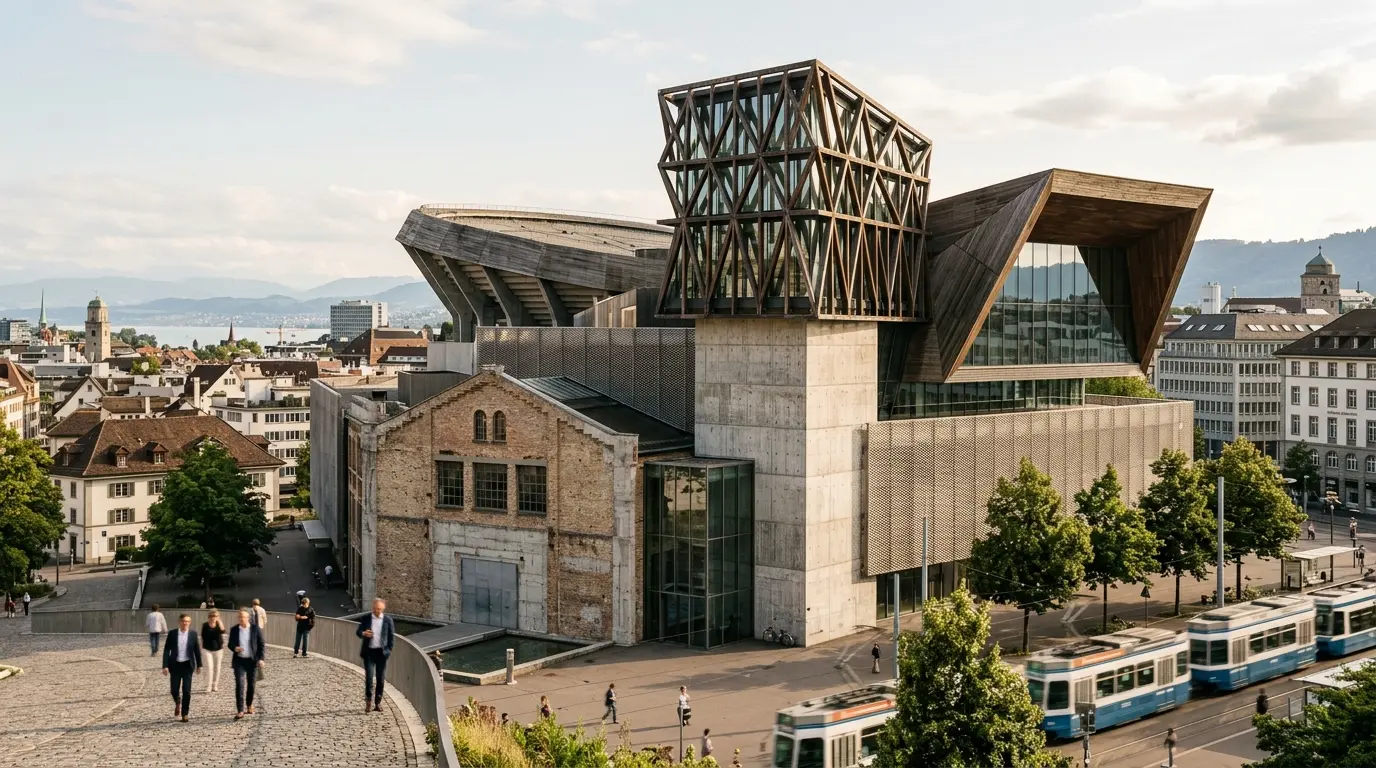 Couverture d'article sur herzog architecte, présentant un musée moderne avec textures, verre et béton, en dialogue avec l'urbanisme.