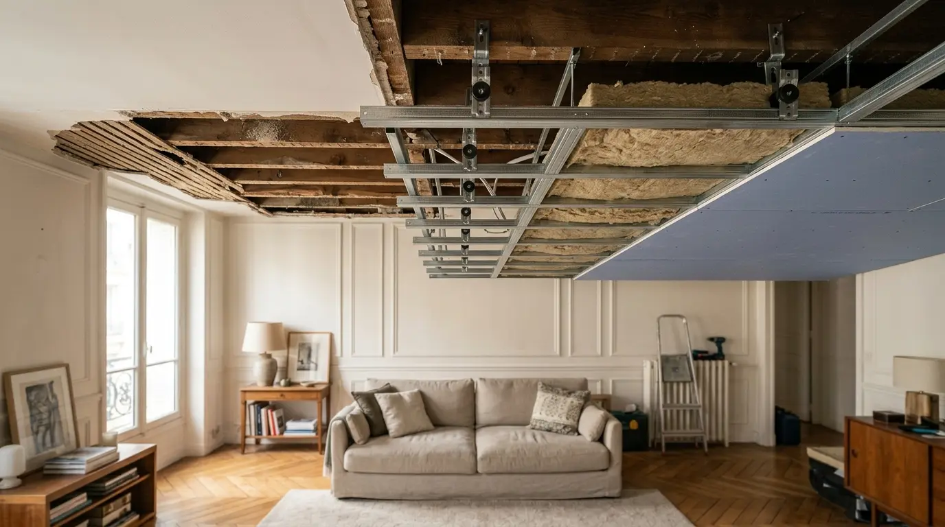 Scène de rénovation d'un plafond avec isolation phonique pour plafond, montrant des détails techniques et un intérieur apaisant.