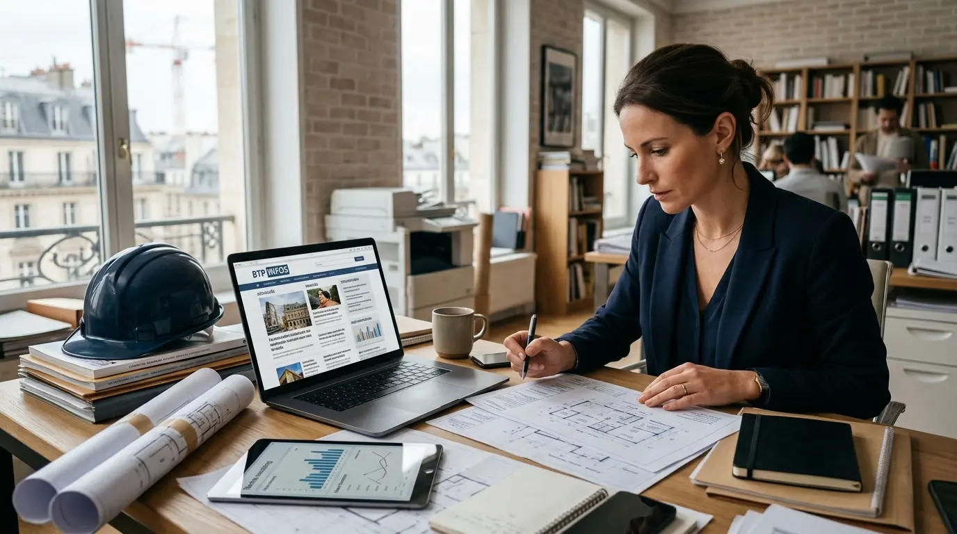Bureau professionnel avec ordinateur, plans de construction, casque et tablette, illustrant lemoniteur dans le secteur BTP.