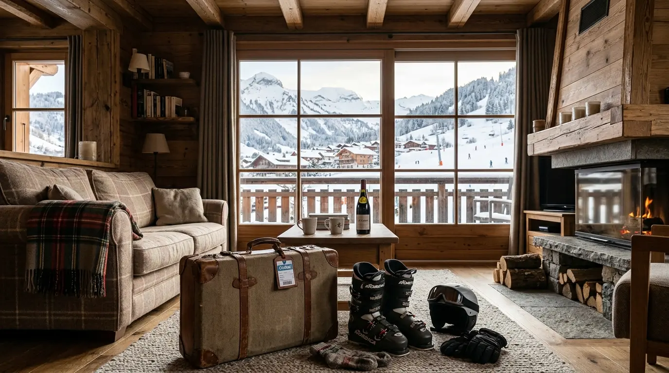 Cozy appartement à Châtel avec ambiance alpine, montagnes enneigées, détails en bois chaleureux et équipements de ski.
