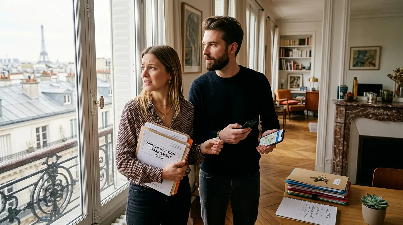 Jeune couple dans un appartement parisien lumineux, tenant un dossier de location, avec la skyline de Paris en arrière-plan, prêt à louer appartement sur Paris.