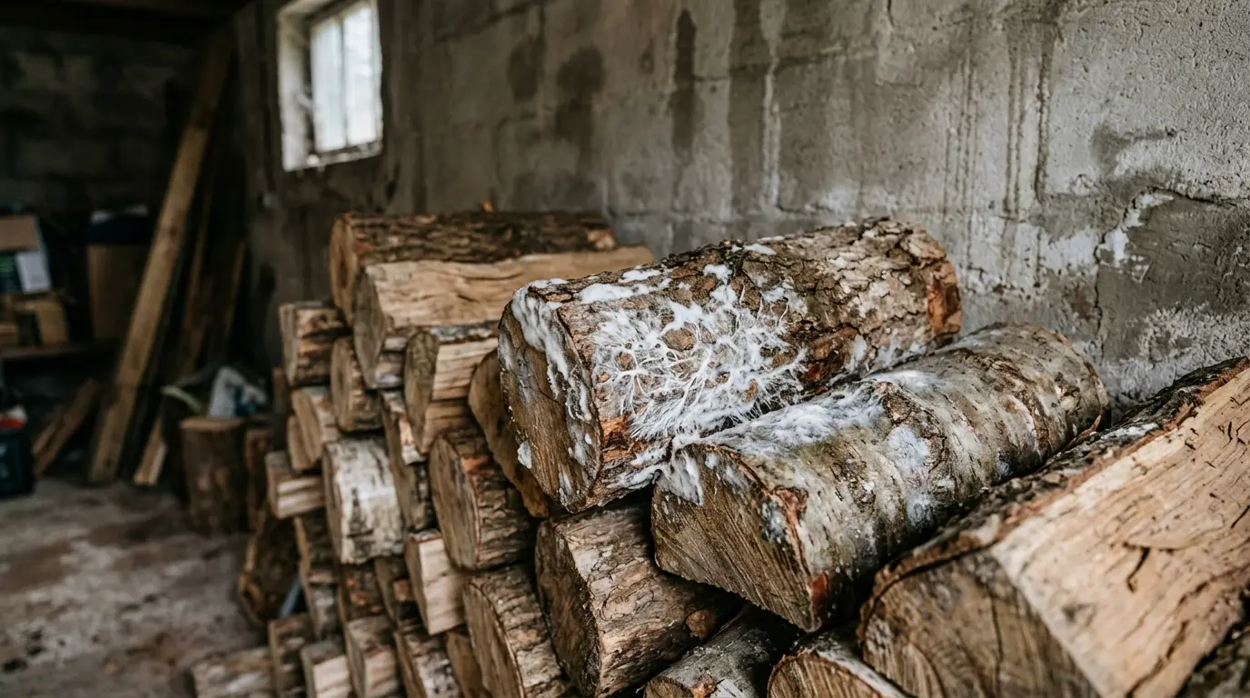 Stack de bois de chauffage avec des filaments cotonneux et des signes de mérule sur bois de chauffage dans un garage humide.