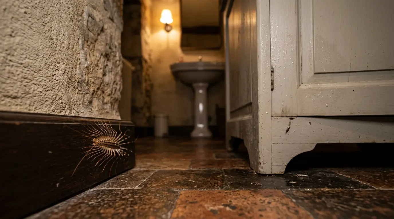 Mille patte maison : un scutigera centipède se déplace le long d'un plinthe dans une salle de bain humide et réaliste.