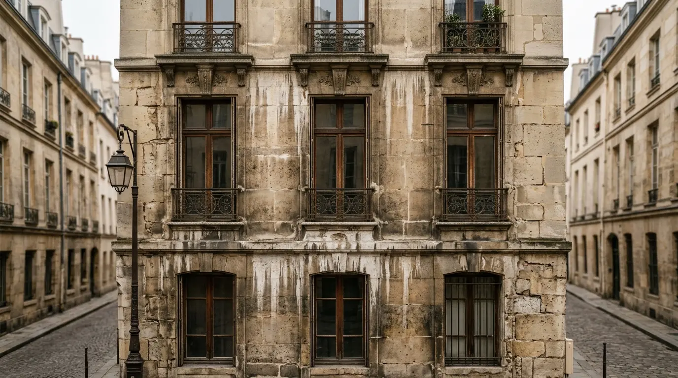 Façade en pierre reconstituée à Paris, montrant des signes de pollution, idéale pour un article sur le nettoyage façade pierre reconstituée paris.