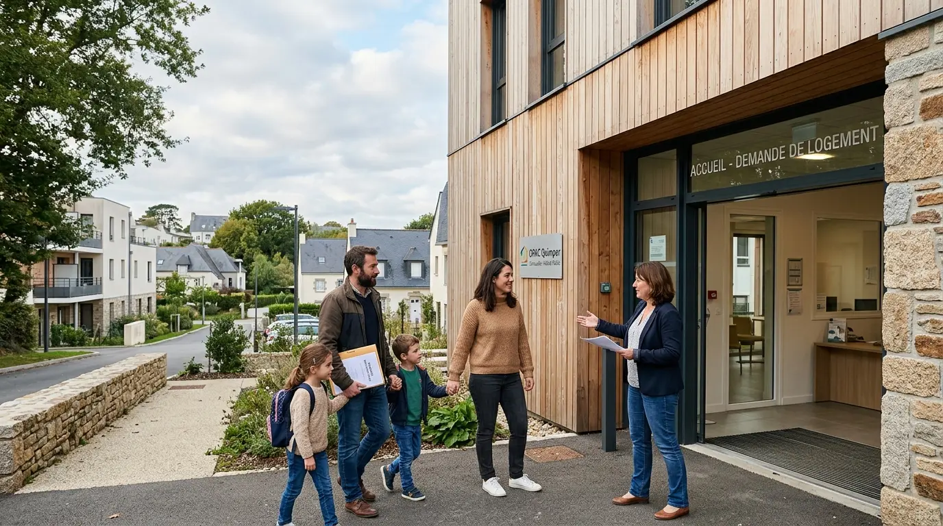 Couple avec documents devant l'opac de cornouaille à Quimper, ambiance résidentielle calme et atmosphère bretonne.