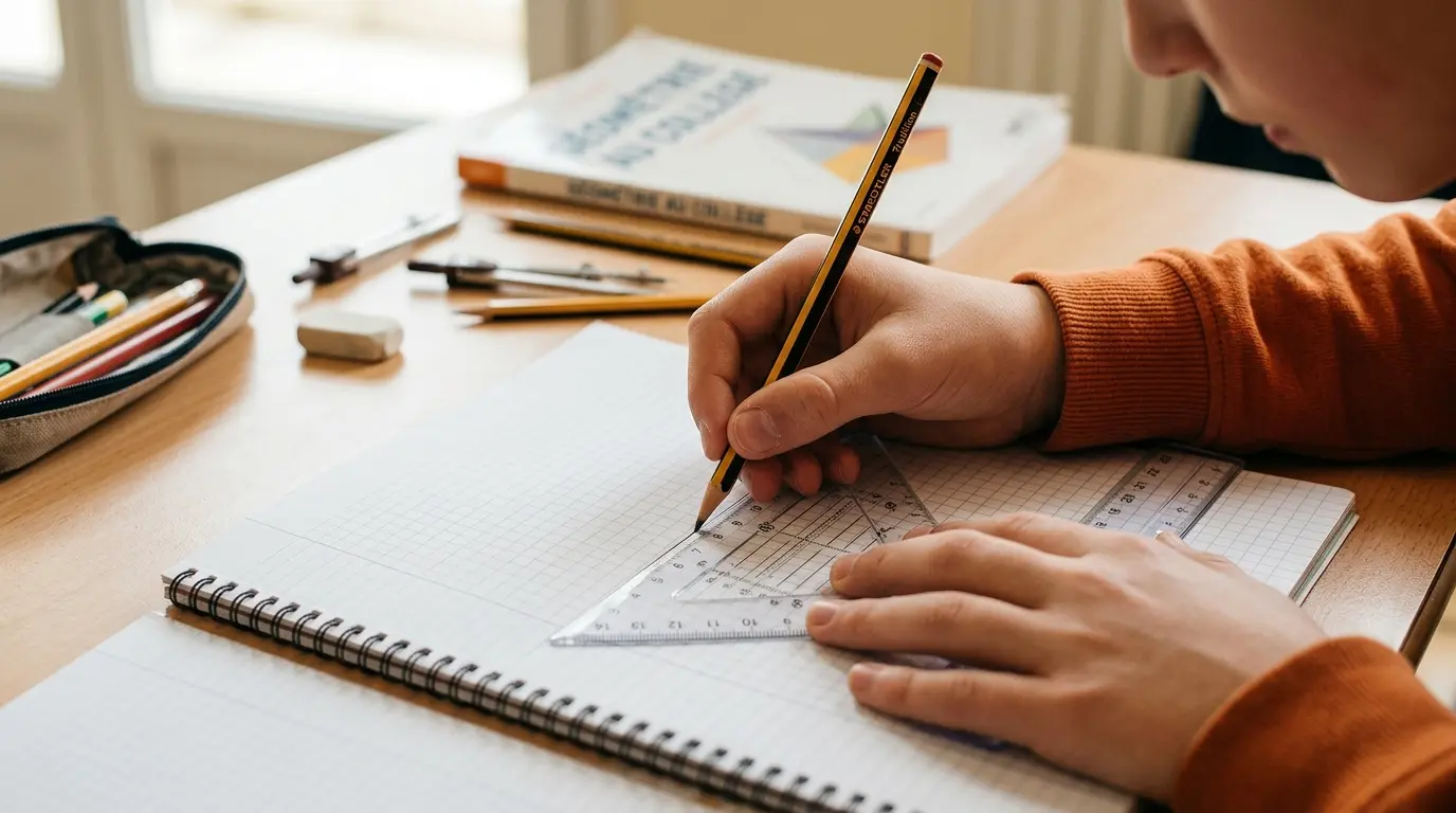 Main d'élève utilisant un permis equerre et une règle sur du papier quadrillé dans un environnement d'étude calme.