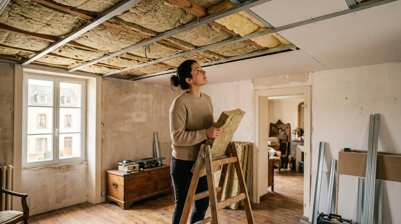 Intérieur d'une maison avec un homme observant un plafond isolation, montrant des couches d'isolation et un faux plafond partiellement installé.