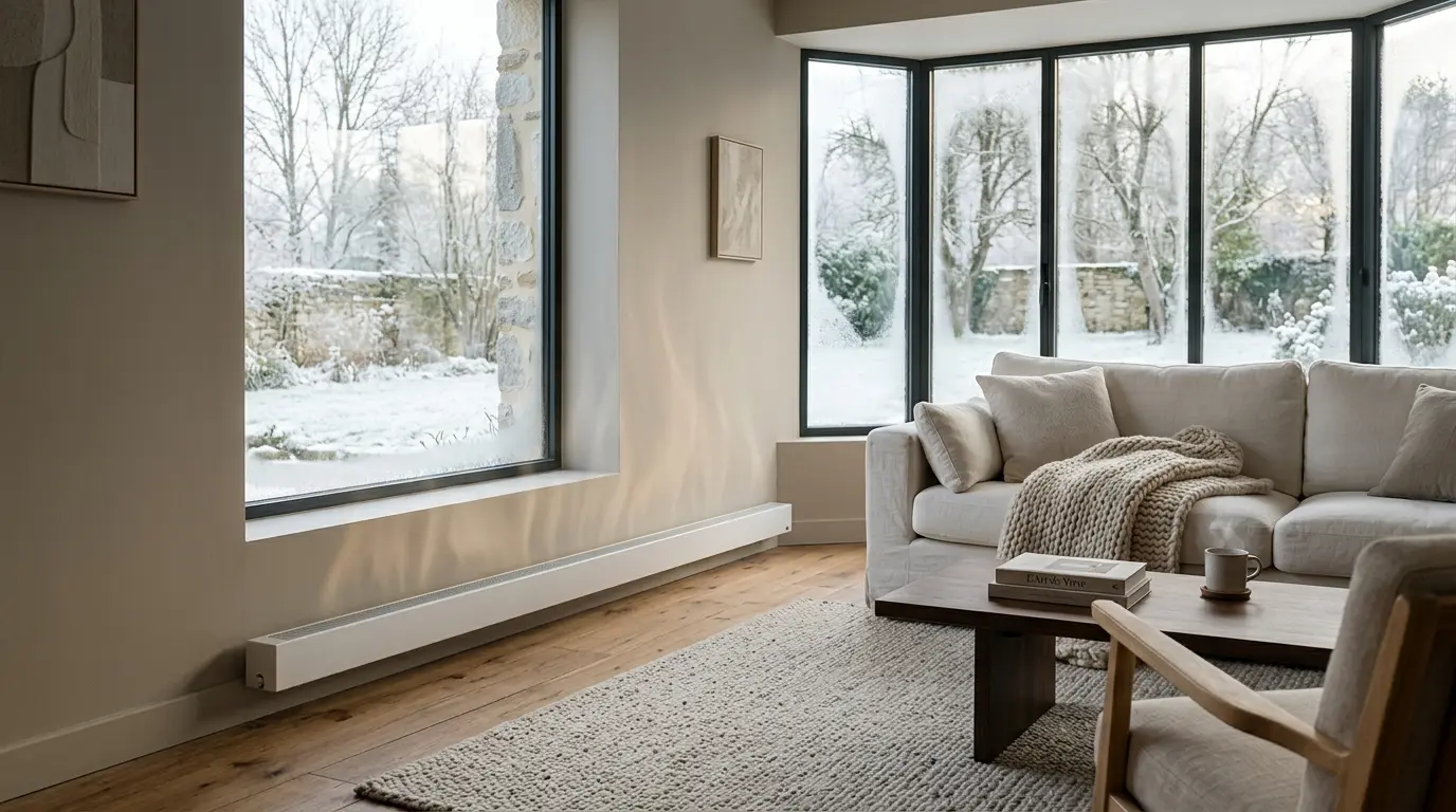Plinthe chauffante discrète dans un salon moderne, fenêtre froide contrastant avec l'atmosphère chaleureuse intérieure.