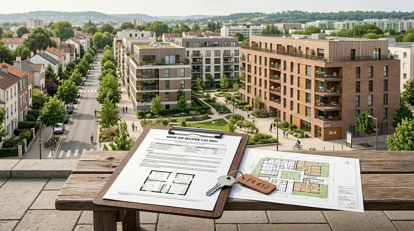 Couverture d'article sur la sru loi, montrant un quartier urbain français avec logements sociaux et documents immobiliers.