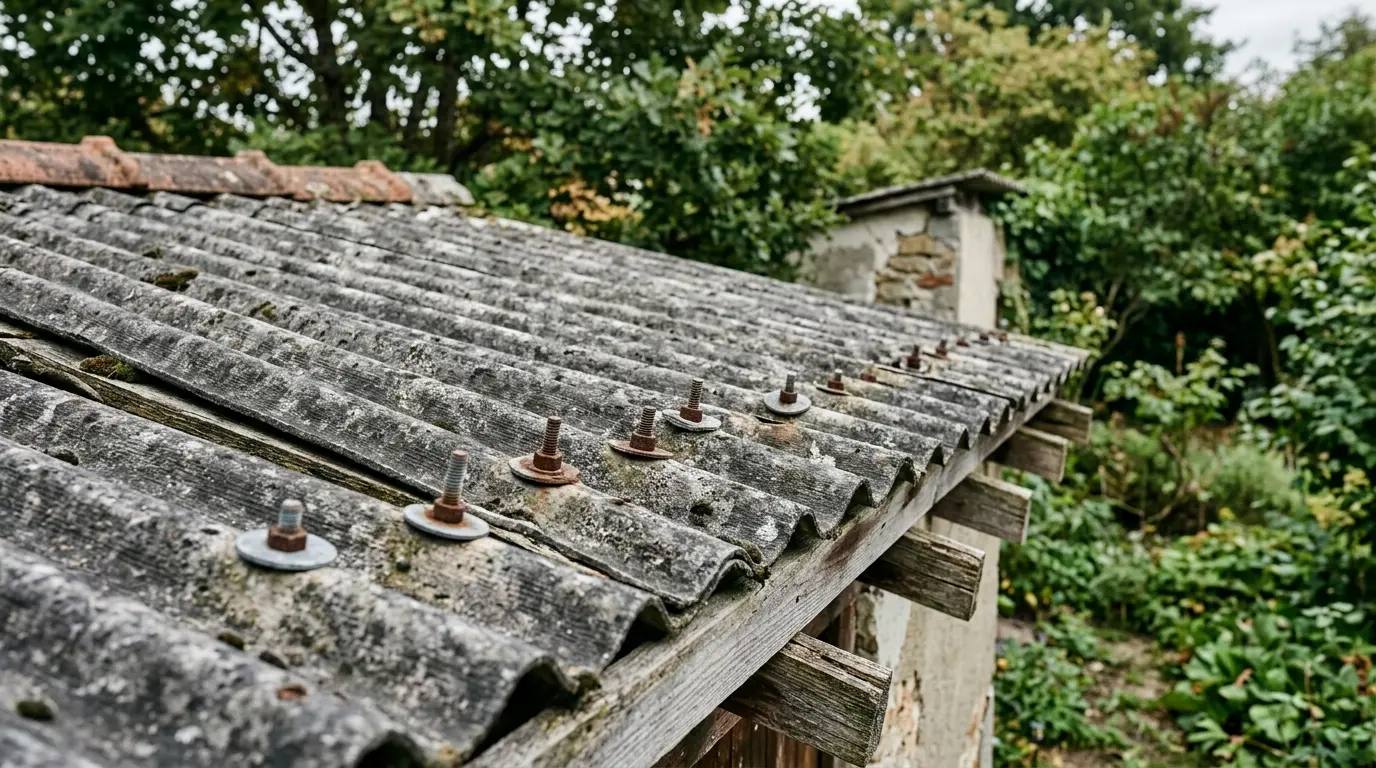 Tole fibro ciment grise sur un toit de garage, montrant des détails techniques et des signes d'usure naturelle.