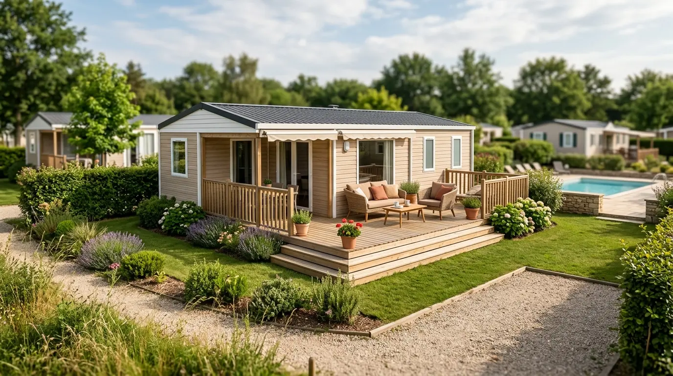 Vente parcelle de terrain avec mobil-home, terrasse en bois, piscine en arrière-plan, ambiance calme et naturelle.