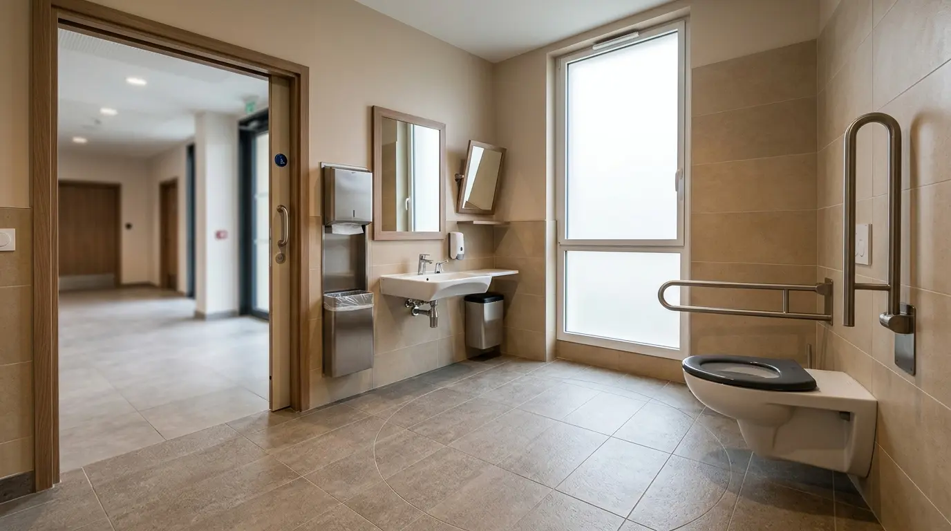 Intérieur moderne de WC PMR, mettant en avant les dimensions adaptées, avec toilettes accessibles et espace de manœuvre.