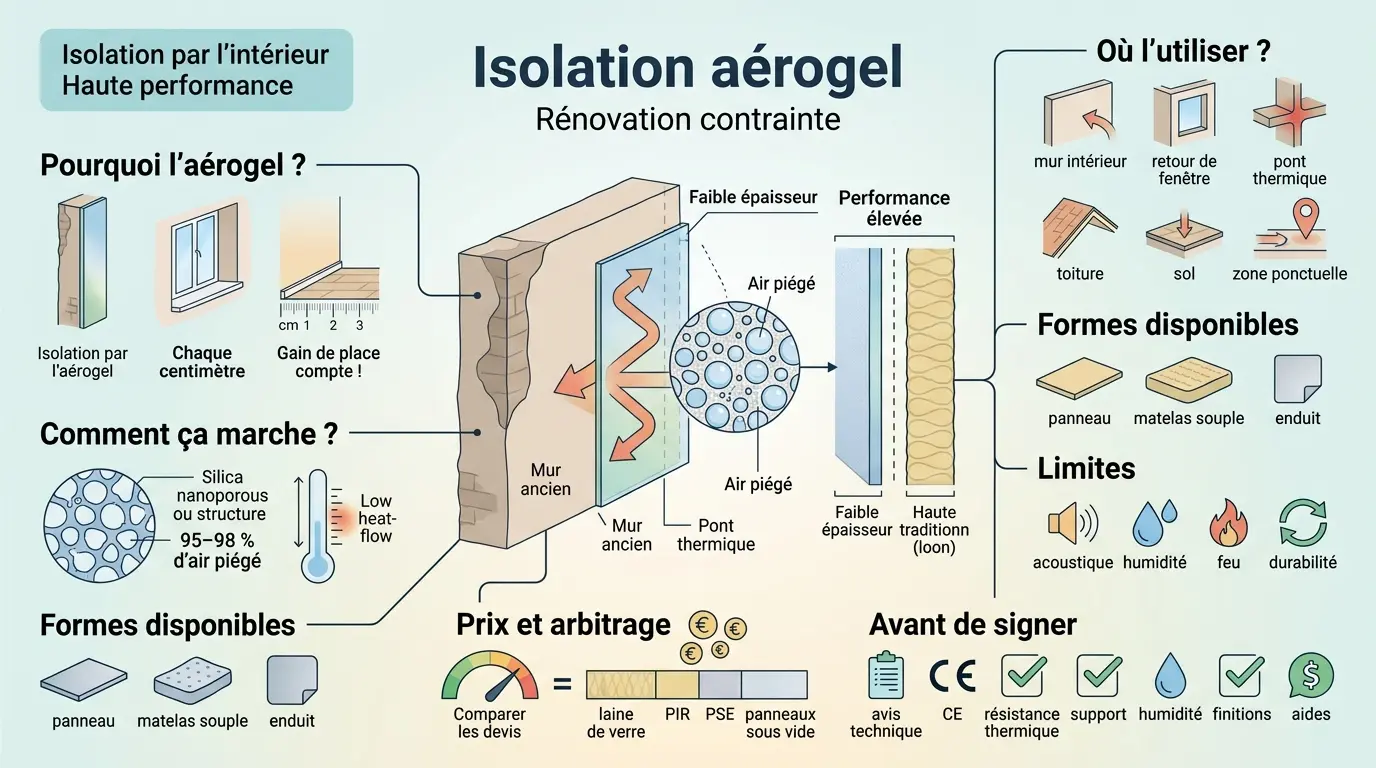 Infographie éducative sur l'aerogel isolation, montrant un mur ancien avec une couche d'aerogel et des comparaisons d'isolation.