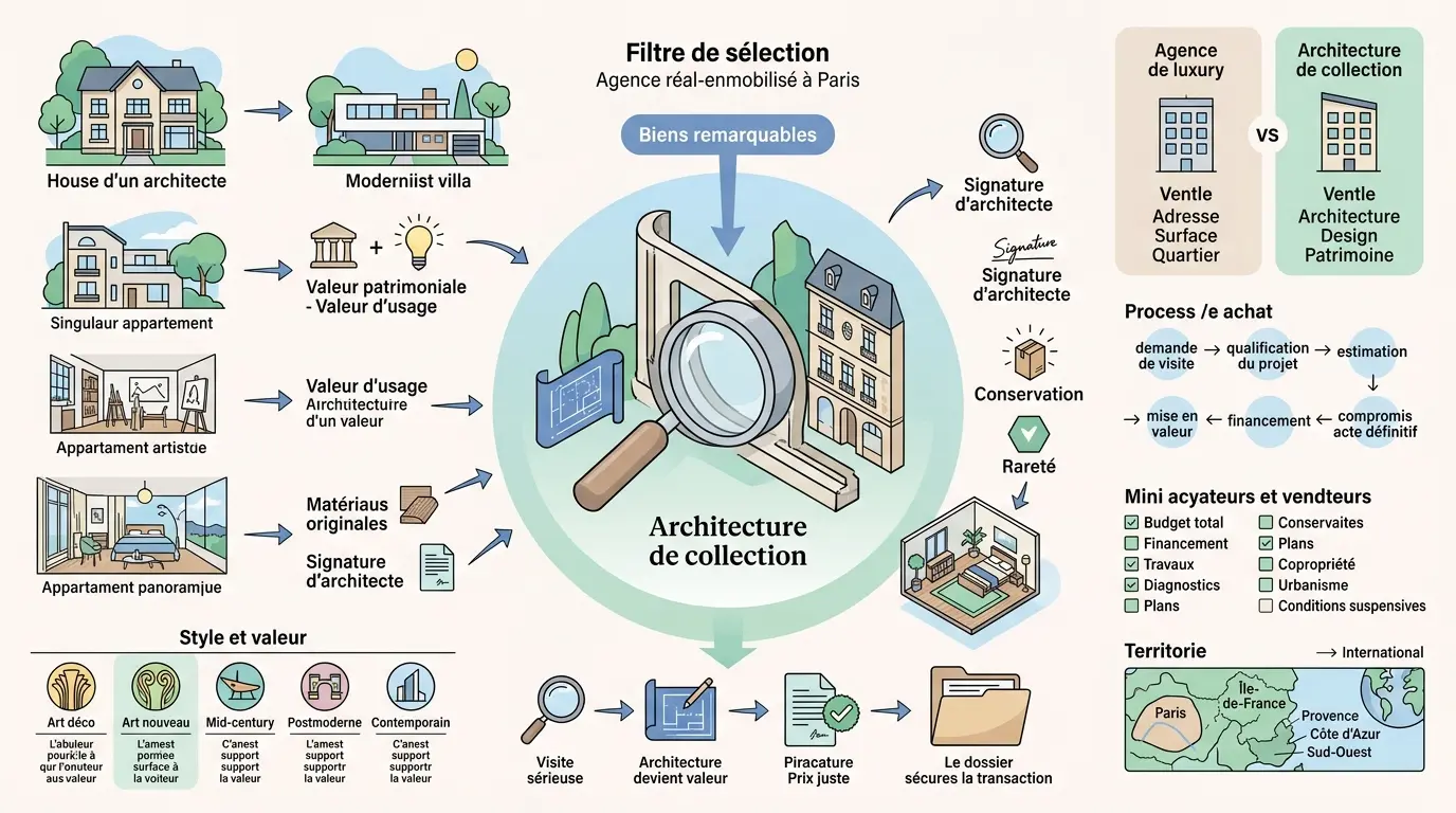 Infographie sur l'architecture de collection à Paris, illustrant la sélection de biens architecturaux remarquables.