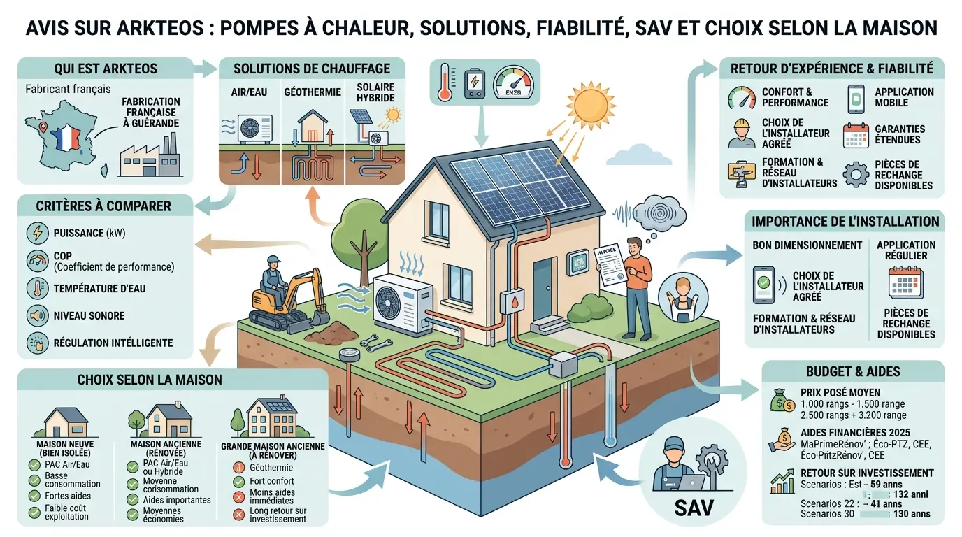 Infographie éducative sur arkteos, fabricant français de pompes à chaleur, illustrant solutions, fiabilité et choix selon la maison.