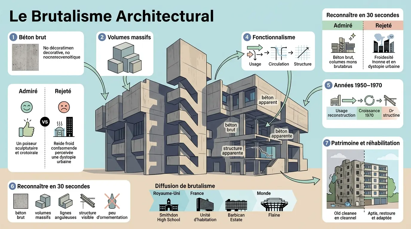 Infographie éducative sur le brutalisme architectural, illustrant un bâtiment en béton brut et ses caractéristiques clés.