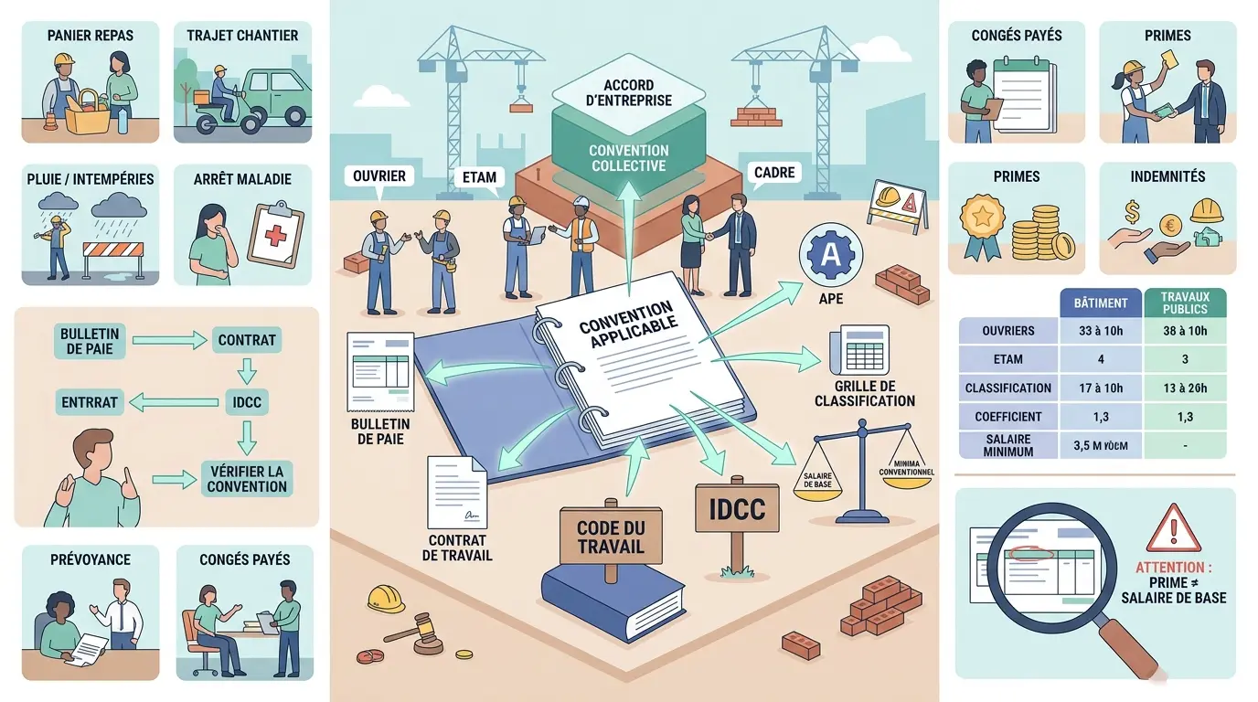 Infographie sur la btp convention collective, illustrant la lecture de la paie et l'identification des textes applicables.