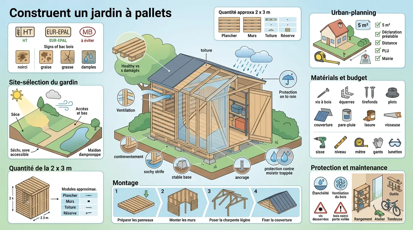 Infographie éducative sur la construction d'une cabane de jardin en palette, illustrant étapes, matériaux et conseils pratiques.