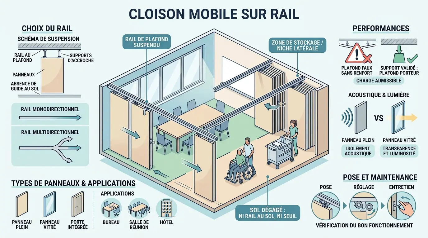 Infographie éducative sur la cloison mobile sur rail, montrant un bureau modulable avant/après transformation.