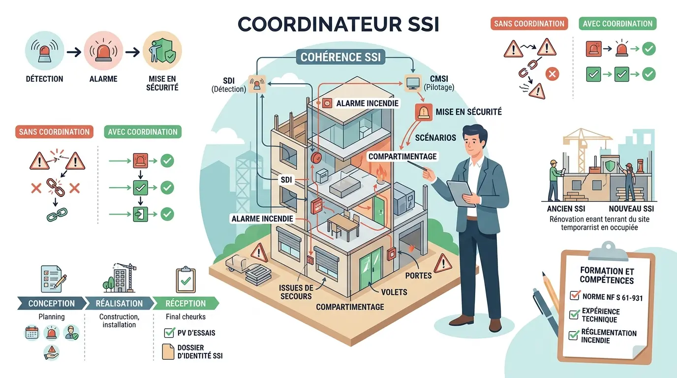 Infographie illustrant le rôle du coordinateur ssi dans la sécurité incendie, avec systèmes connectés et processus clairs.