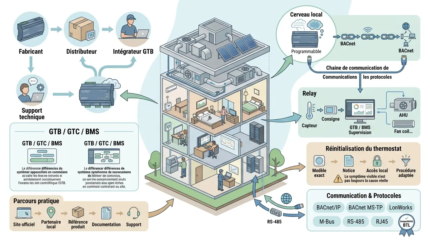 Infographie éducative sur distech controls, illustrant un écosystème d'automatisation de bâtiment avec composants et relations clés.