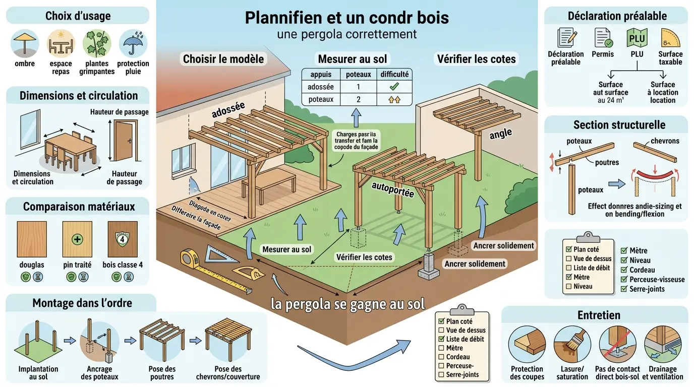 Infographie éducative sur comment fabriquer une pergola en bois, avec étapes, conseils et illustrations de structures.
