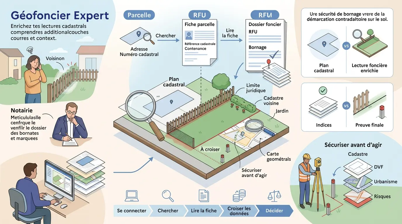 Infographie éducative sur l'utilisation de Géofoncier Expert pour clarifier les limites de propriété avec illustrations et métaphores visuelles.