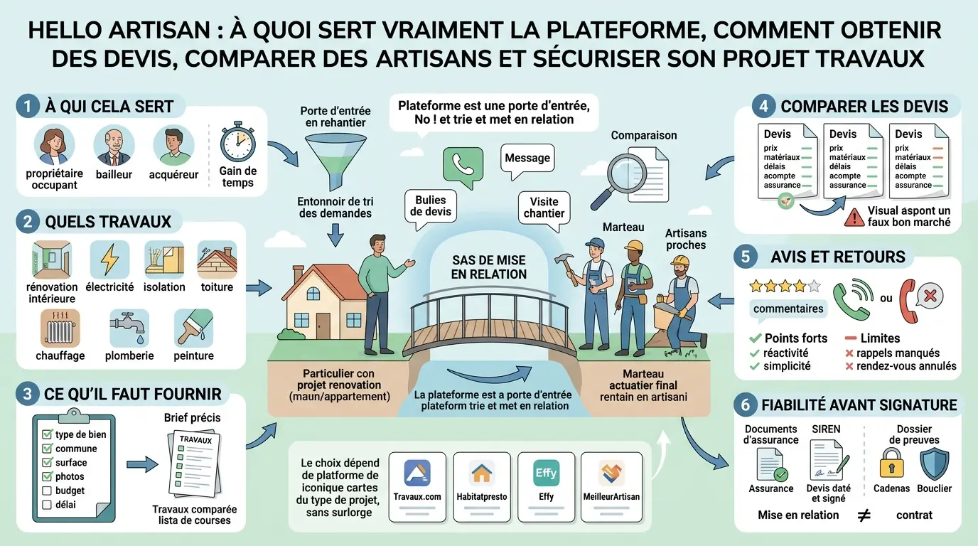 Infographie moderne sur hello artisan, illustrant la mise en relation avec des artisans, devis, et conseils travaux.