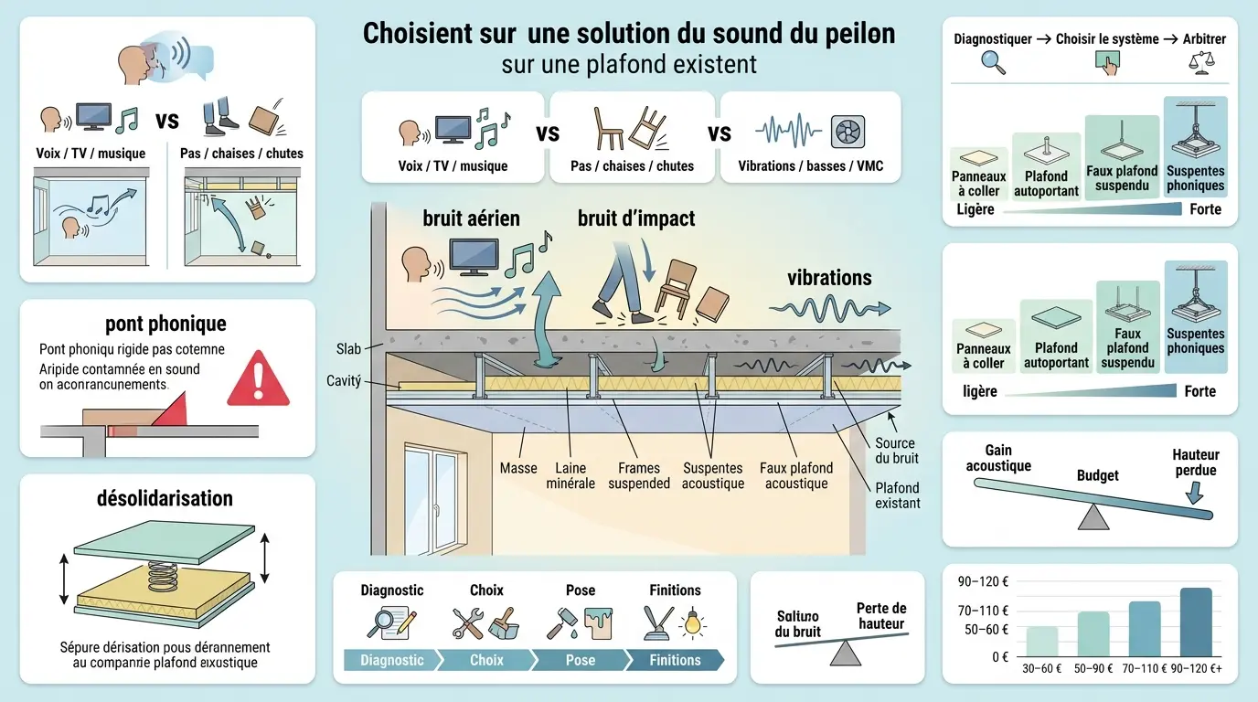 Infographie éducative sur l'isolation phonique pour plafond, illustrant les solutions et types de bruit à considérer.