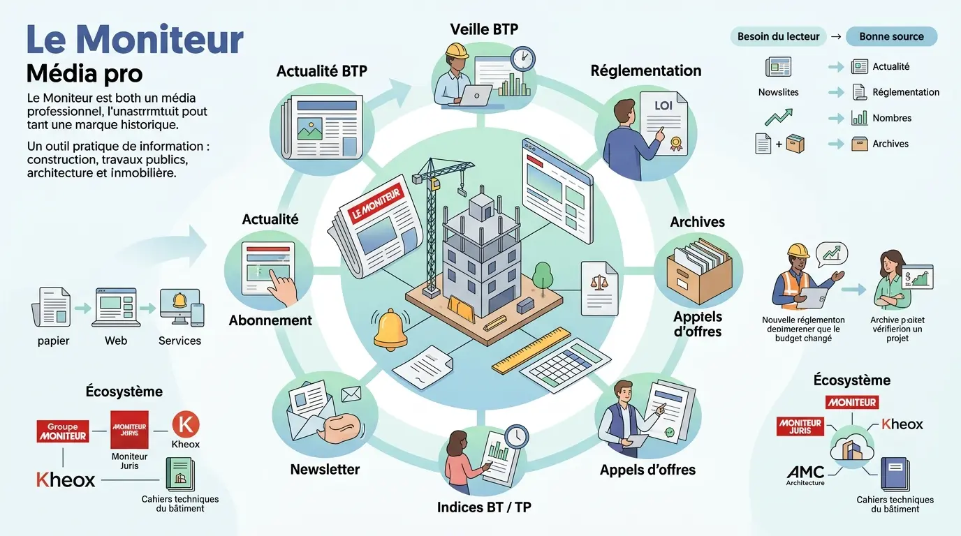 Infographie éducative sur lemoniteur, illustrant l'écosystème BTP avec médias, réglementation, archives et services.
