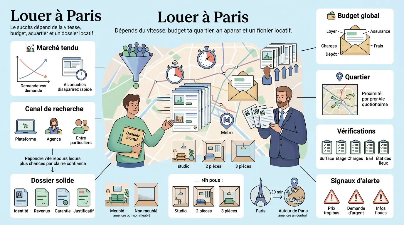 Infographie éducative sur louer appartement sur Paris, illustrant les étapes clés : budget, quartier, dossier locatif et rapidité.