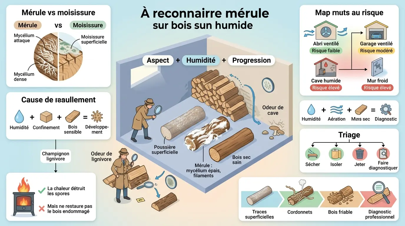 Infographie éducative sur la mérule sur bois de chauffage, montrant les signes, les risques et les actions à entreprendre.