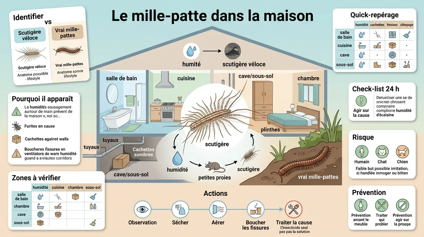Infographie éducative sur le mille patte maison, montrant identification, risques et actions à entreprendre.
