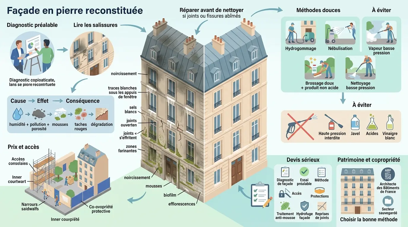 Infographie sur le nettoyage façade pierre reconstituée Paris, montrant techniques, diagnostics et impacts visuels.
