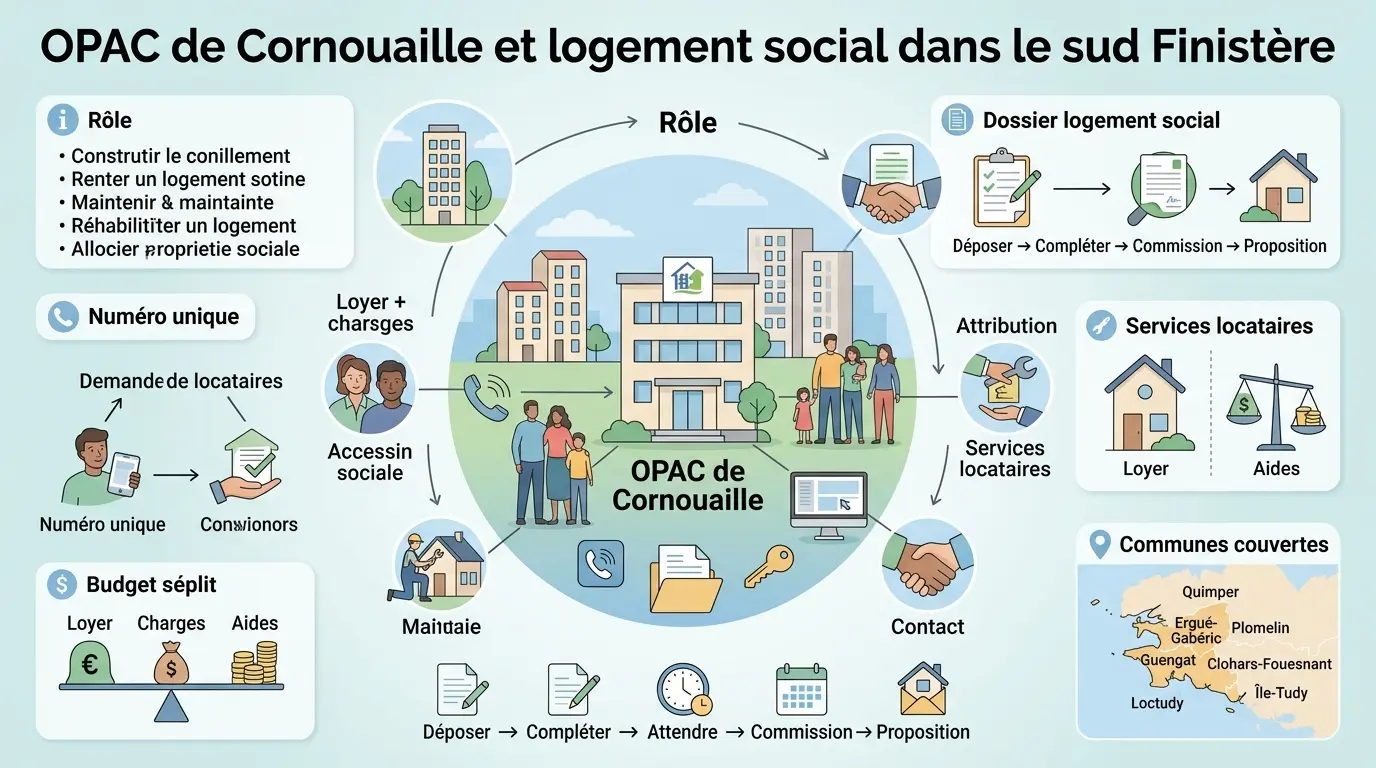 Infographie sur l'opac de cornouaille, illustrant le logement social et ses services dans le sud Finistère.