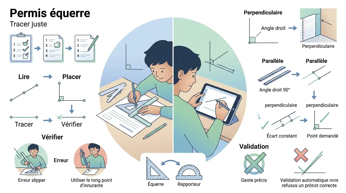 Infographie éducative sur le permis équerre, illustrant étapes et erreurs courantes avec équerre et règle.