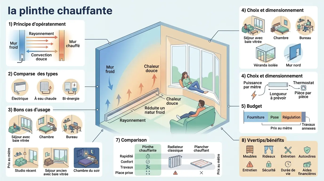Infographie éducative illustrant la plinthe chauffante, montrant son fonctionnement, ses types et ses avantages dans divers espaces.