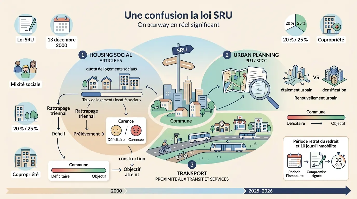 Infographie éducative sur la sru loi, illustrant le lien entre logement, urbanisme et transport avec des métaphores visuelles.